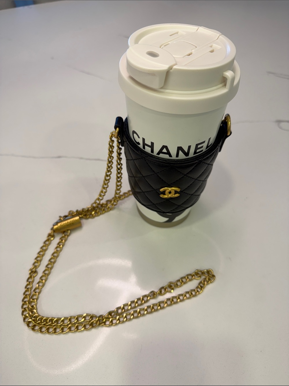 CC Cream Cup/Black Quilted Faux Leather Cup Holder with Gold Chain